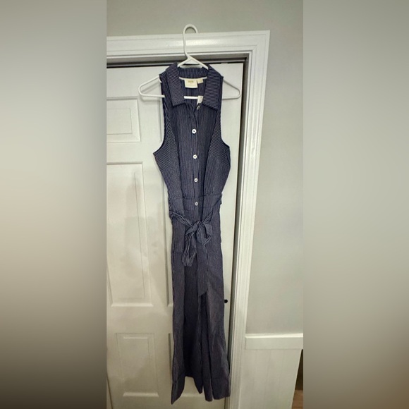 Maeve Pants - Maeve Halter Shirting Navy and White Striped Jumpsuit